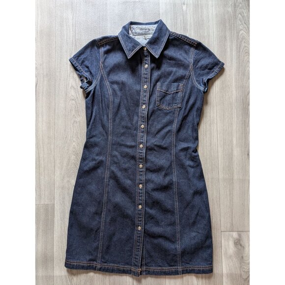 Tommy Hilfiger Y2K Denim Snap-Up Dress Size 8 With Short Sleeves & Chest Pocket - Picture 2 of 11